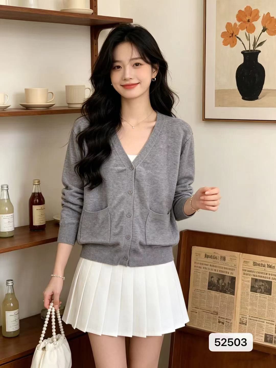 정가 패션 V넥 부드러운 찹쌀 니트 더블 주머니 루즈핏 긴팔 오픈 가디건 상세 이미지 3