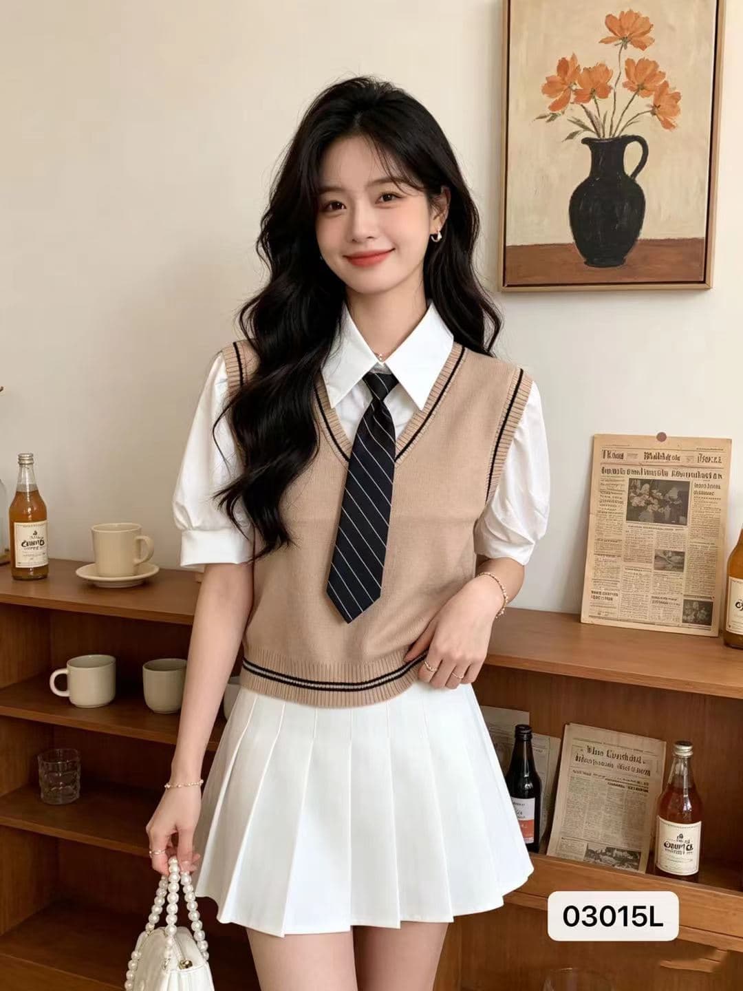 정가 학원 스타일 셔츠 넥타이 나비 넥타이 패치워크 니트 페이크 레이어드 반팔 이미지 3