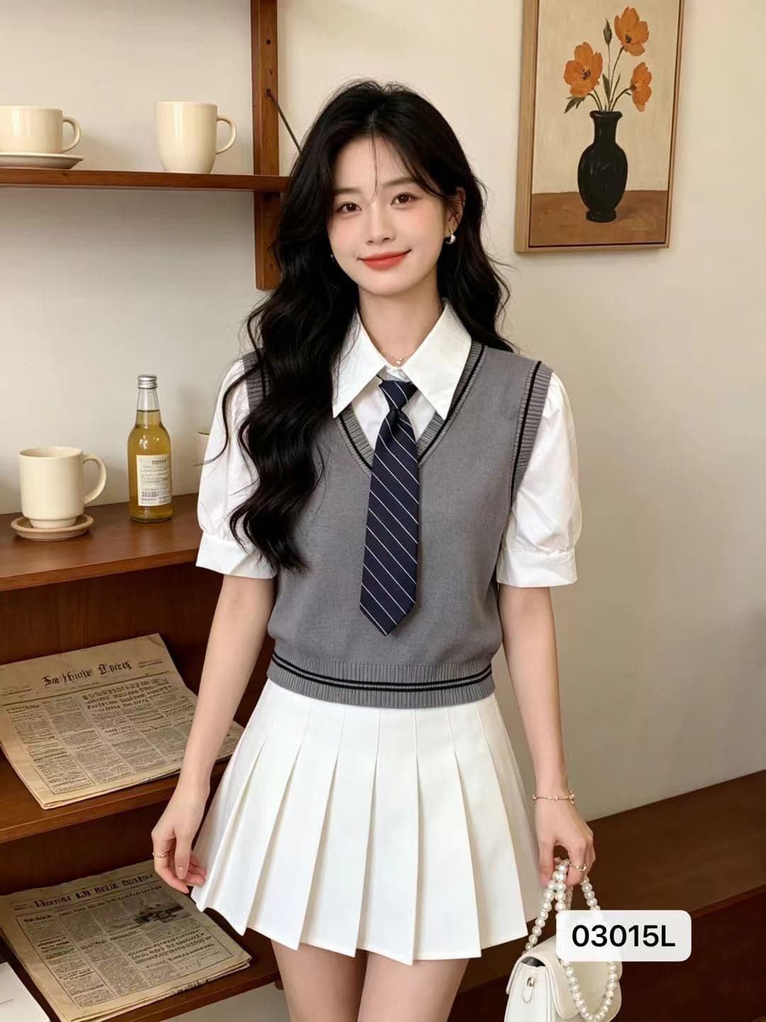 정가 학원 스타일 셔츠 넥타이 나비 넥타이 패치워크 니트 페이크 레이어드 반팔 상세 이미지 1