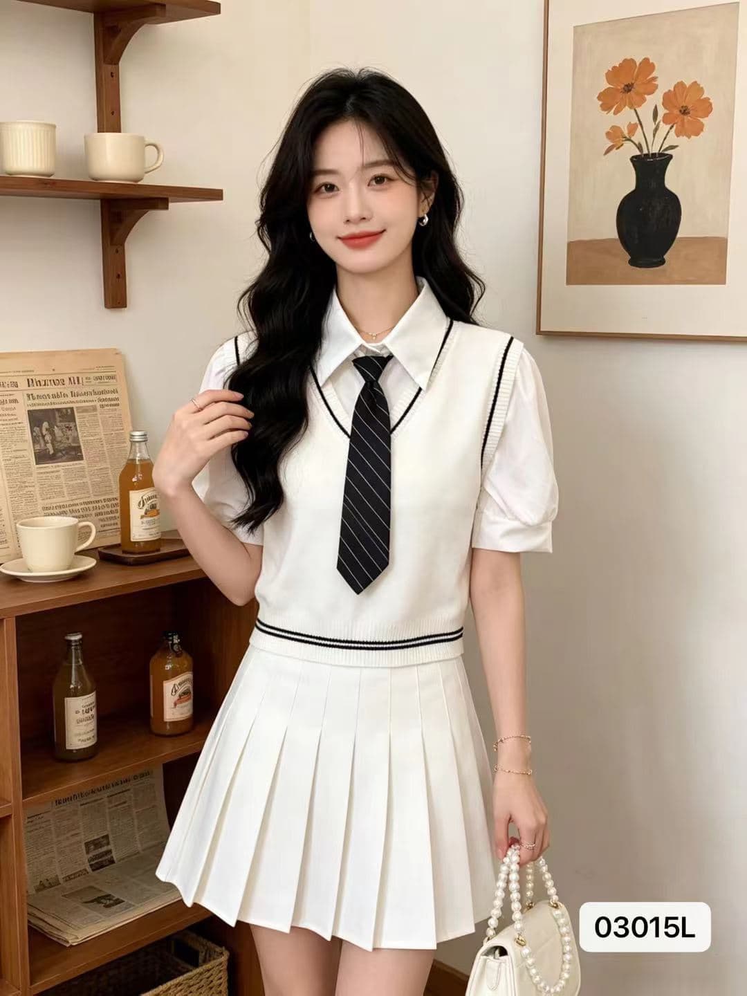 정가 학원 스타일 셔츠 넥타이 나비 넥타이 패치워크 니트 페이크 레이어드 반팔 상세 이미지 3