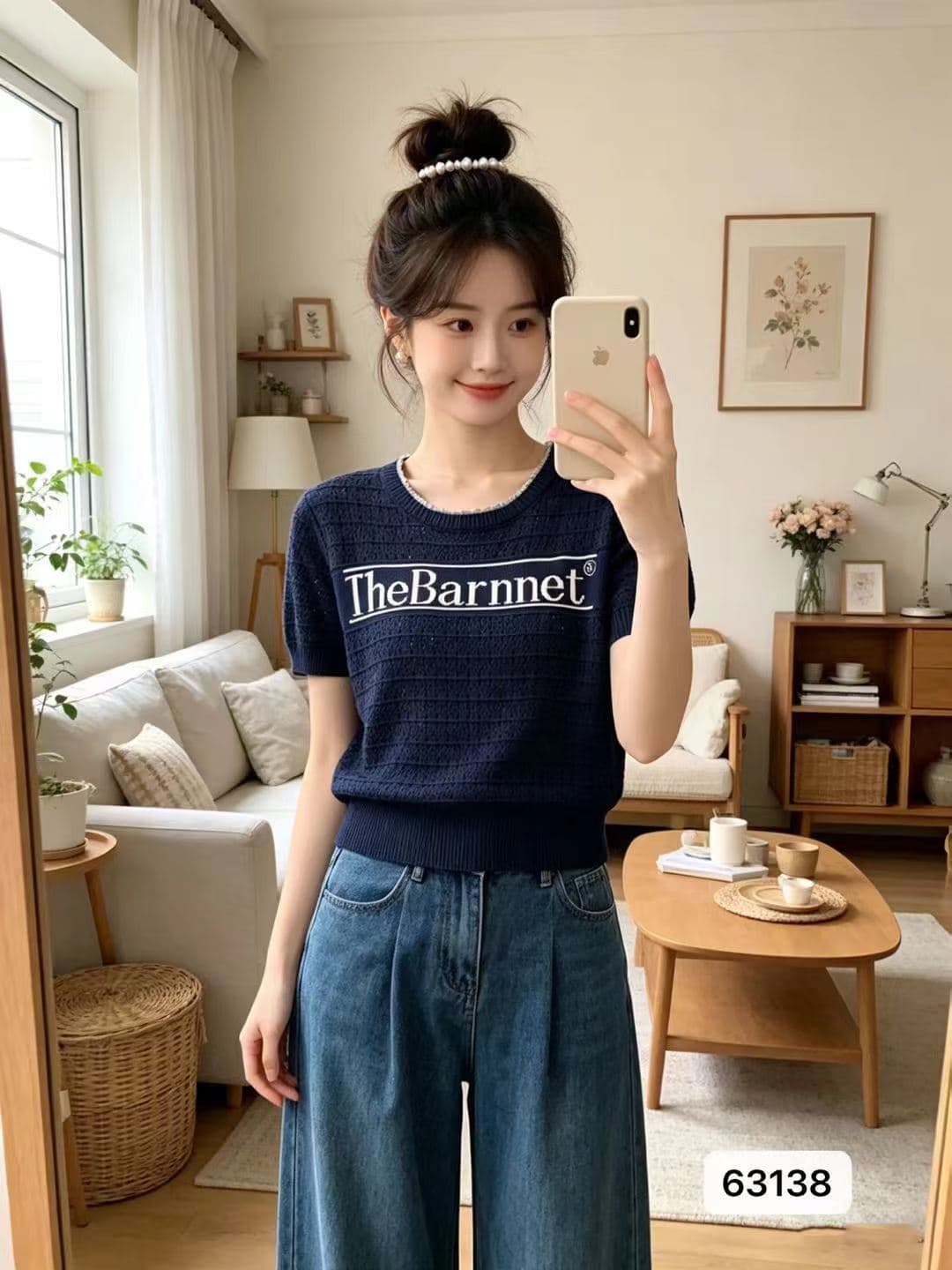 정가 한 부서 품격 레이스 라운드 넥 알파벳 홀로우 아웃 자카드 니트 반팔 이미지 2