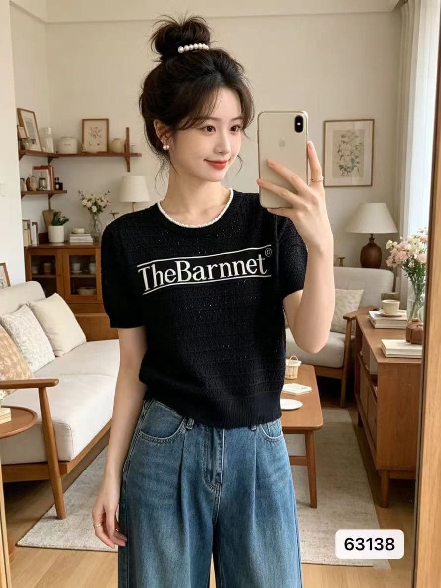 정가 한 부서 품격 레이스 라운드 넥 알파벳 홀로우 아웃 자카드 니트 반팔 이미지 3