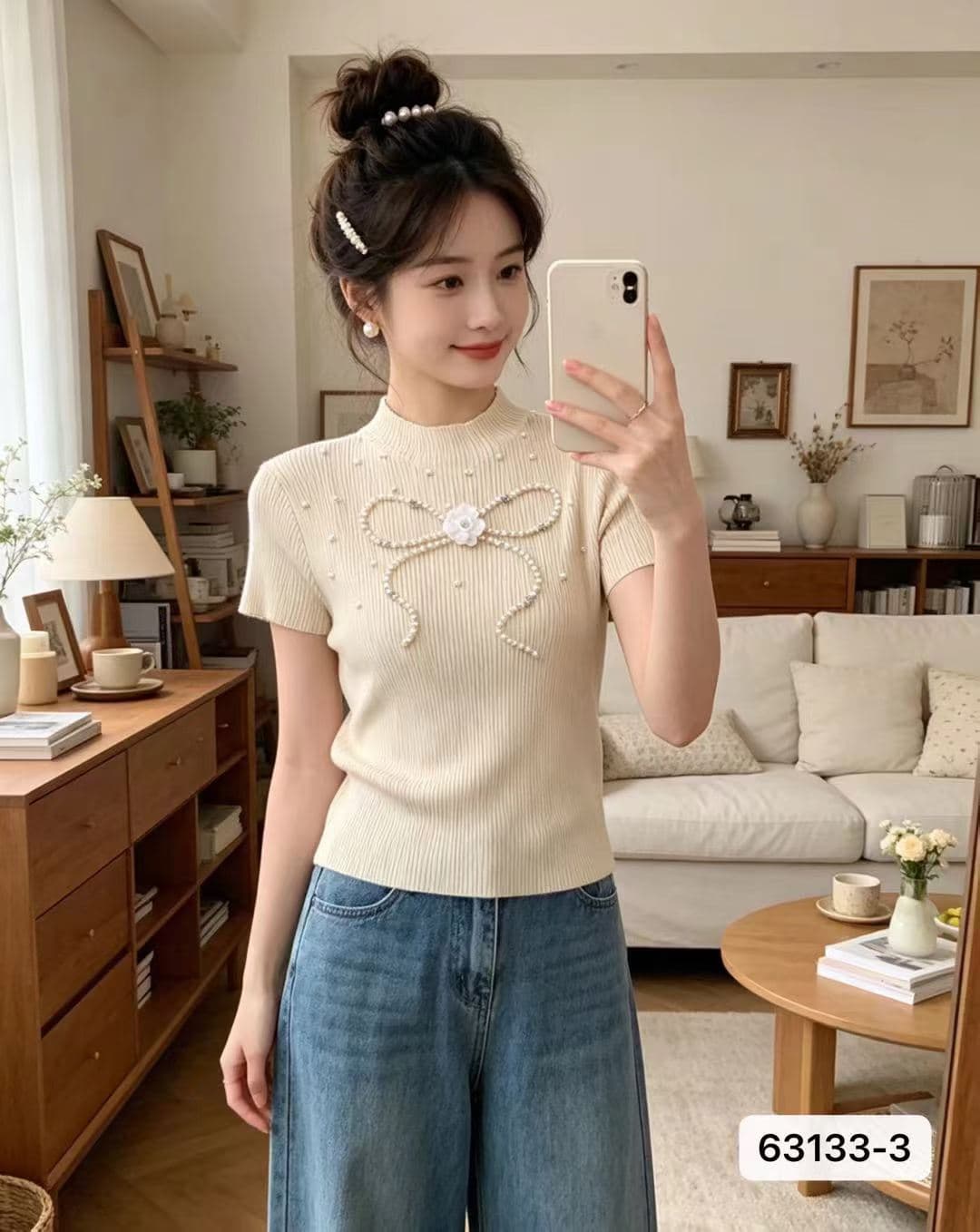 정가 품격 반하이넥 나비 매듭 비즈 박기 구덩이 기사 슬림해 보이는 풀오버 반팔 상세 이미지 1