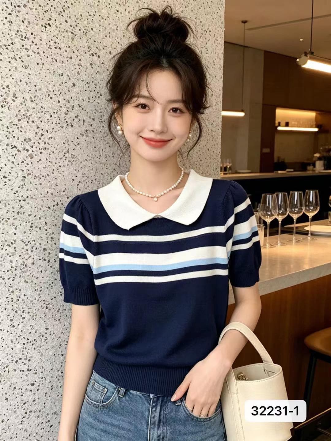 정가 학원 스타일 폴로 칼라 배색 스트라이프 니트 다용도 풀오버 반팔 이미지 4