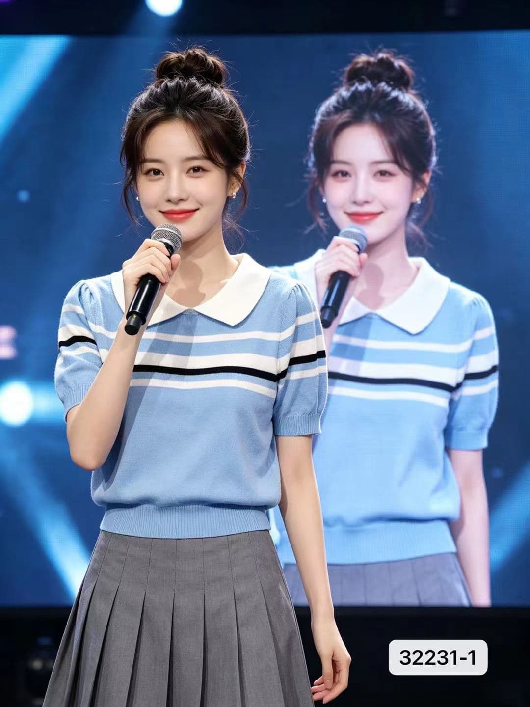 정가 학원 스타일 폴로 칼라 배색 스트라이프 니트 다용도 풀오버 반팔