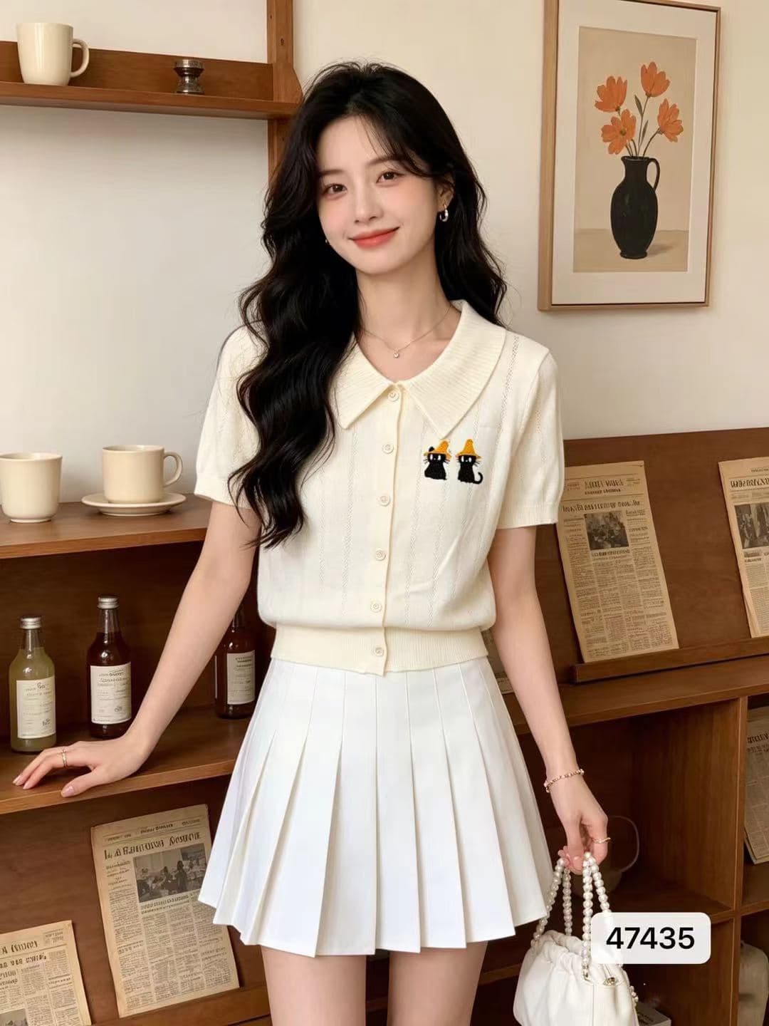 정가 일본식 학원 스타일 폴로 칼라 반팔 자수 니트 반팔 오픈 가디건 이미지 2