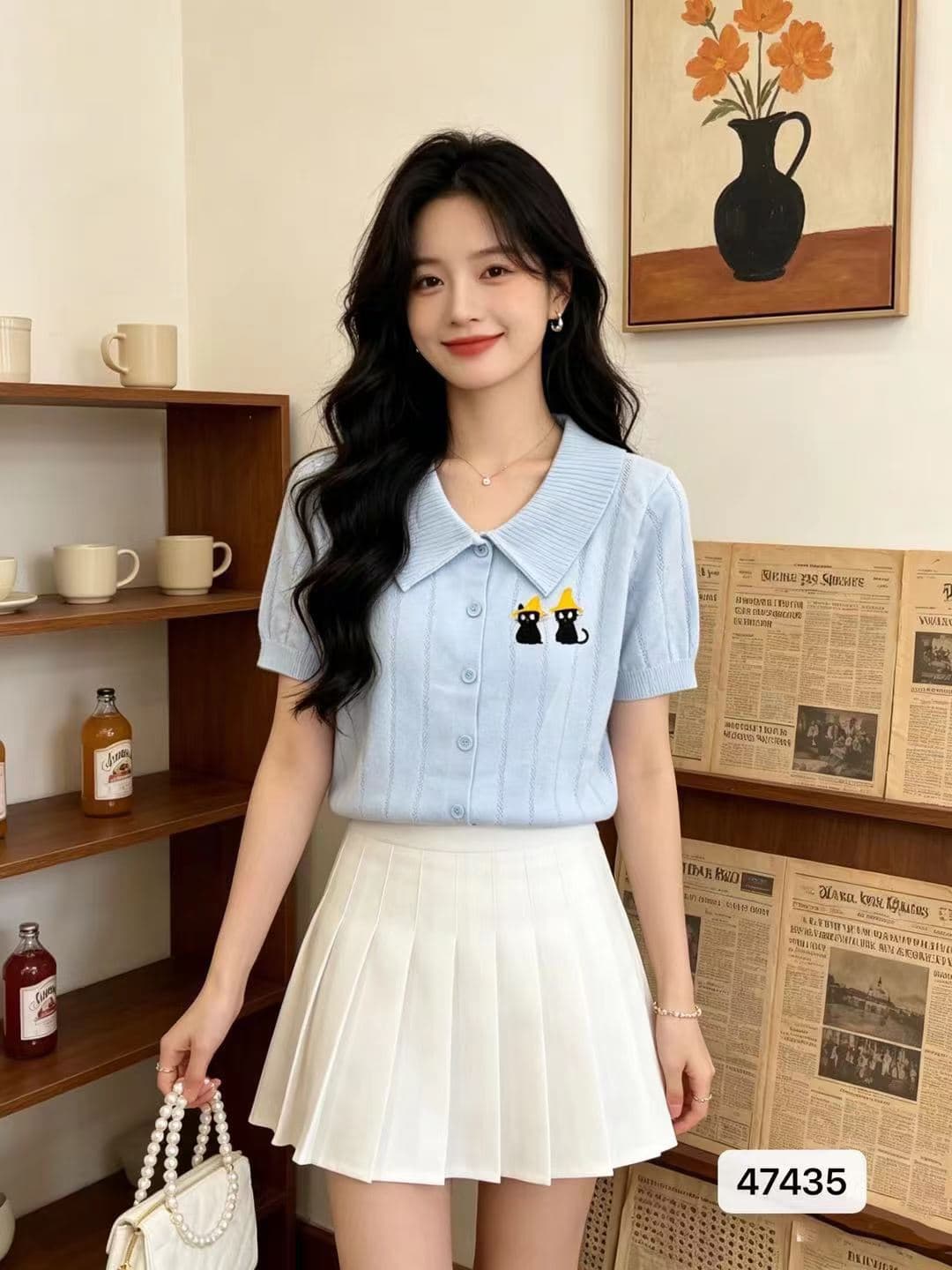 정가 일본식 학원 스타일 폴로 칼라 반팔 자수 니트 반팔 오픈 가디건 이미지 3