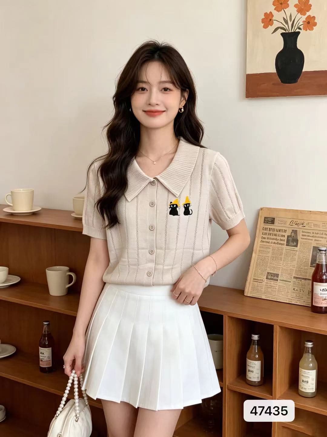 정가 일본식 학원 스타일 폴로 칼라 반팔 자수 니트 반팔 오픈 가디건 상세 이미지 2