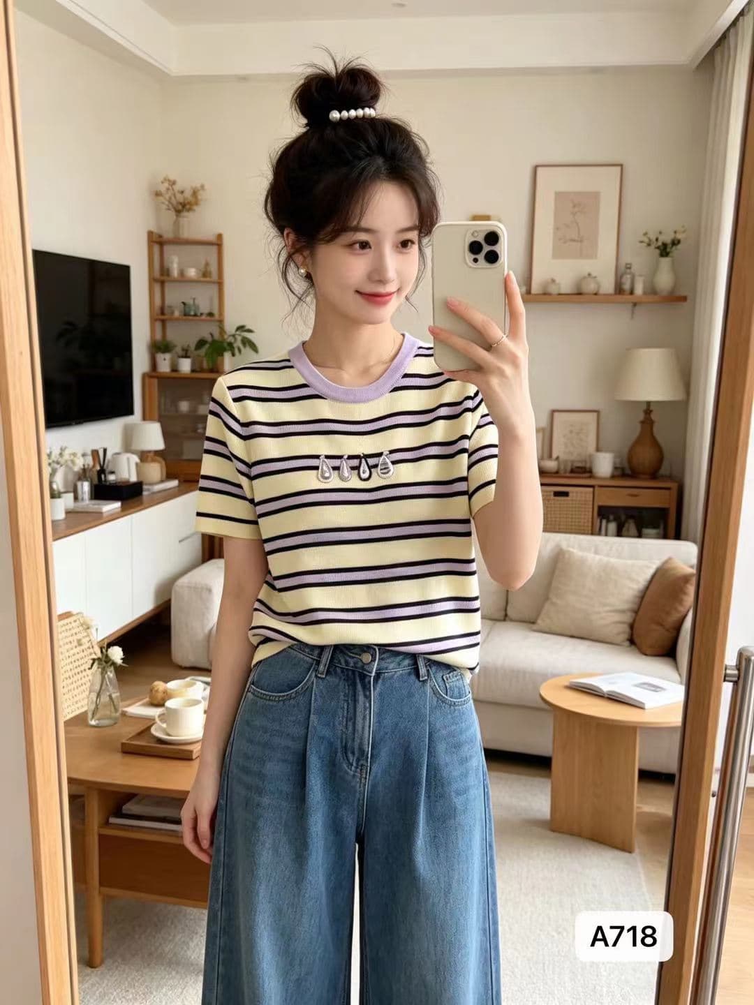 정가 패션 라운드 넥 배색 스트라이프 배 모양 자수 풀오버 반팔 상세 이미지 2