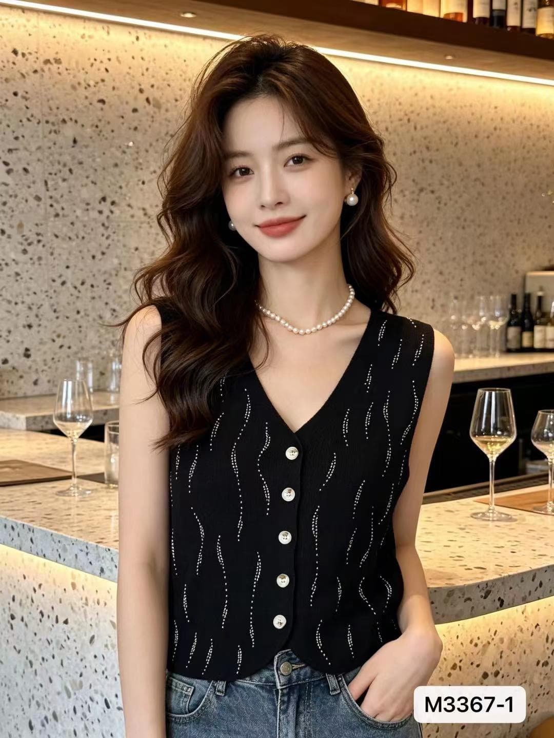 정가 빛 요리 한 바람 V넥 물결무늬 라인 핫픽스 조끼 오픈 가디건