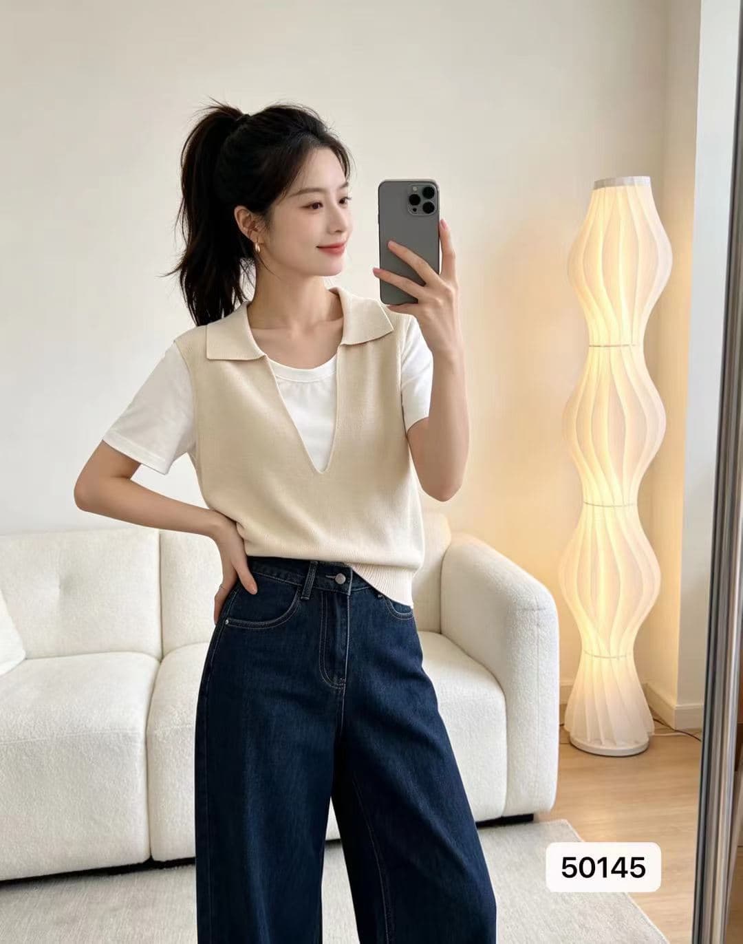 정가 패션 폴로 칼라 패치워크 색상 디자인 페이크 레이어드 풀오버 반팔