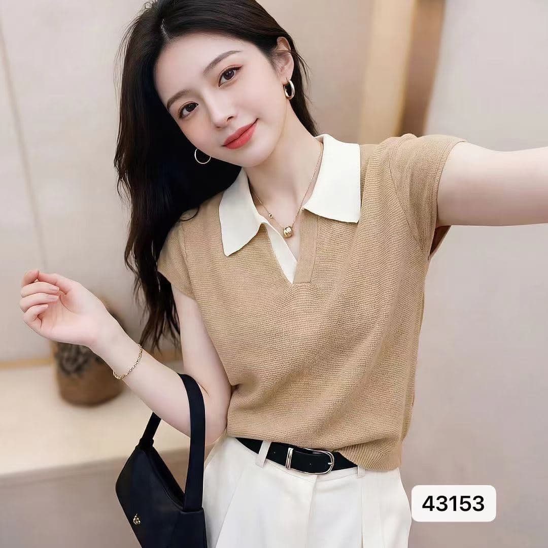 정가 패션 POLO 칼라 패치워크 색상 가로 줄무늬 질감 니트 풀오버 반팔 상세 이미지 3