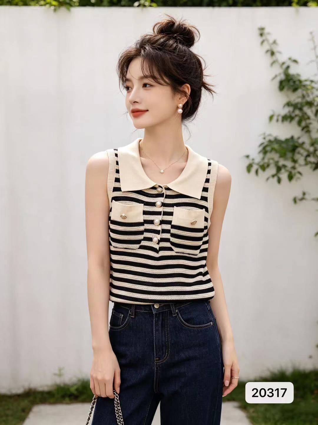 정가 작은 샤넬 스타일 폴로 칼라 하프 열린 가슴 주머니 디자인 풀오버 조끼 상세 이미지 1