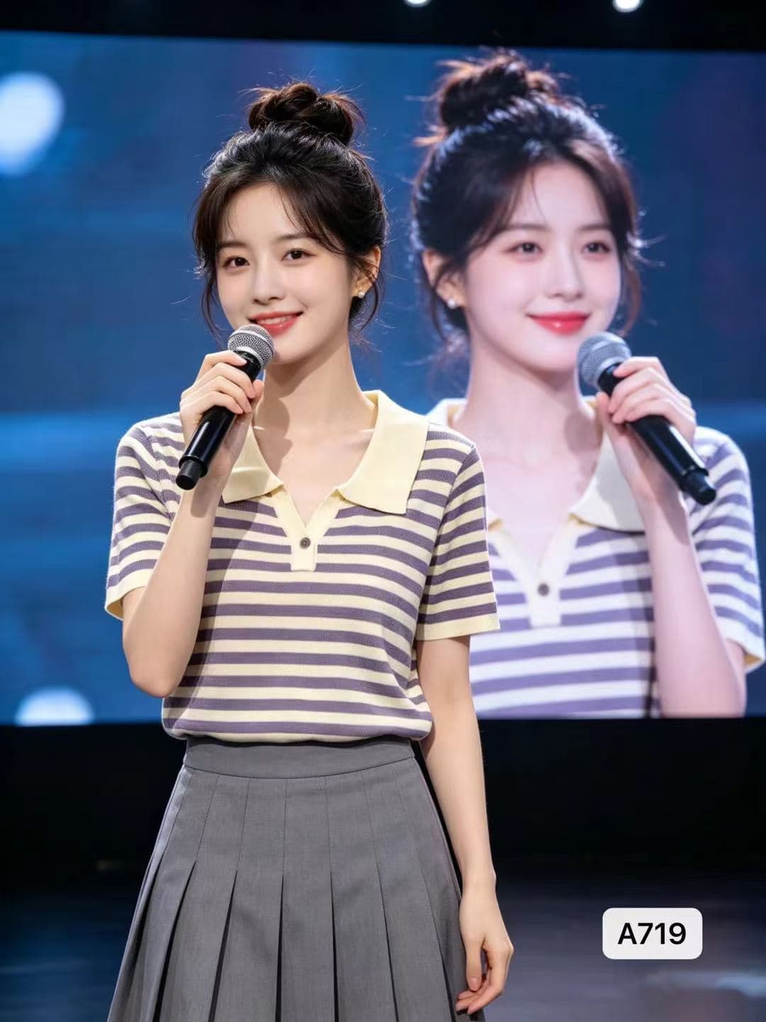 정가 패션 뒤집다 V넥 배색 스트라이프 니트 루즈핏 풀오버 반팔 상세 이미지 3