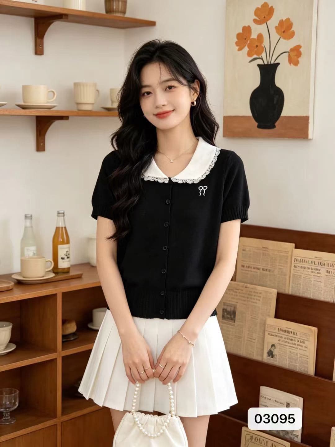 정가 외국 가스 연령 감소 레이스 조각 베이비 칼라 자수 반팔 오픈 가디건 이미지 2