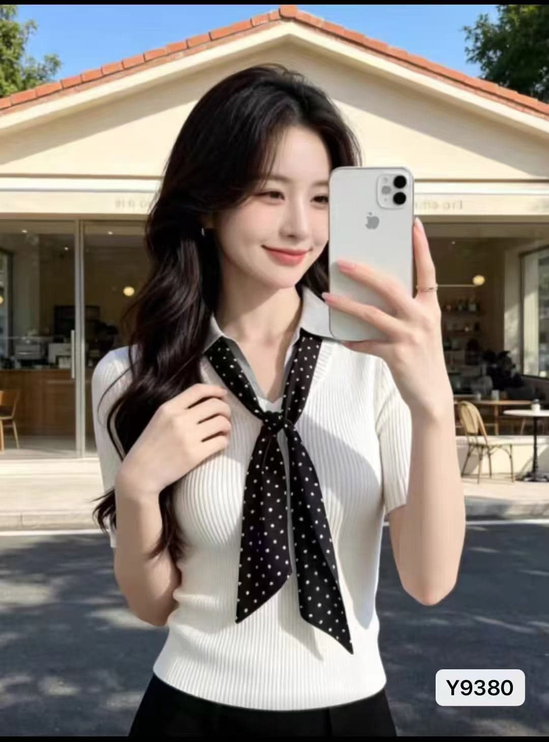 정가 학원 스타일 POLO 칼라 도트 무늬 리본 니트 풀오버 반팔 상세 이미지 2