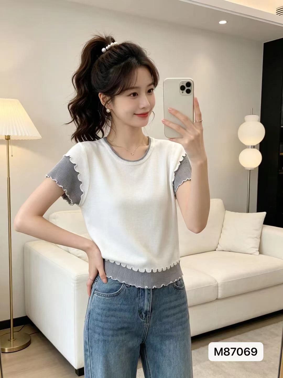 정가 부드러운 바람 라운드 넥 배색 프릴 패치워크 풀오버 반팔 상세 이미지 1