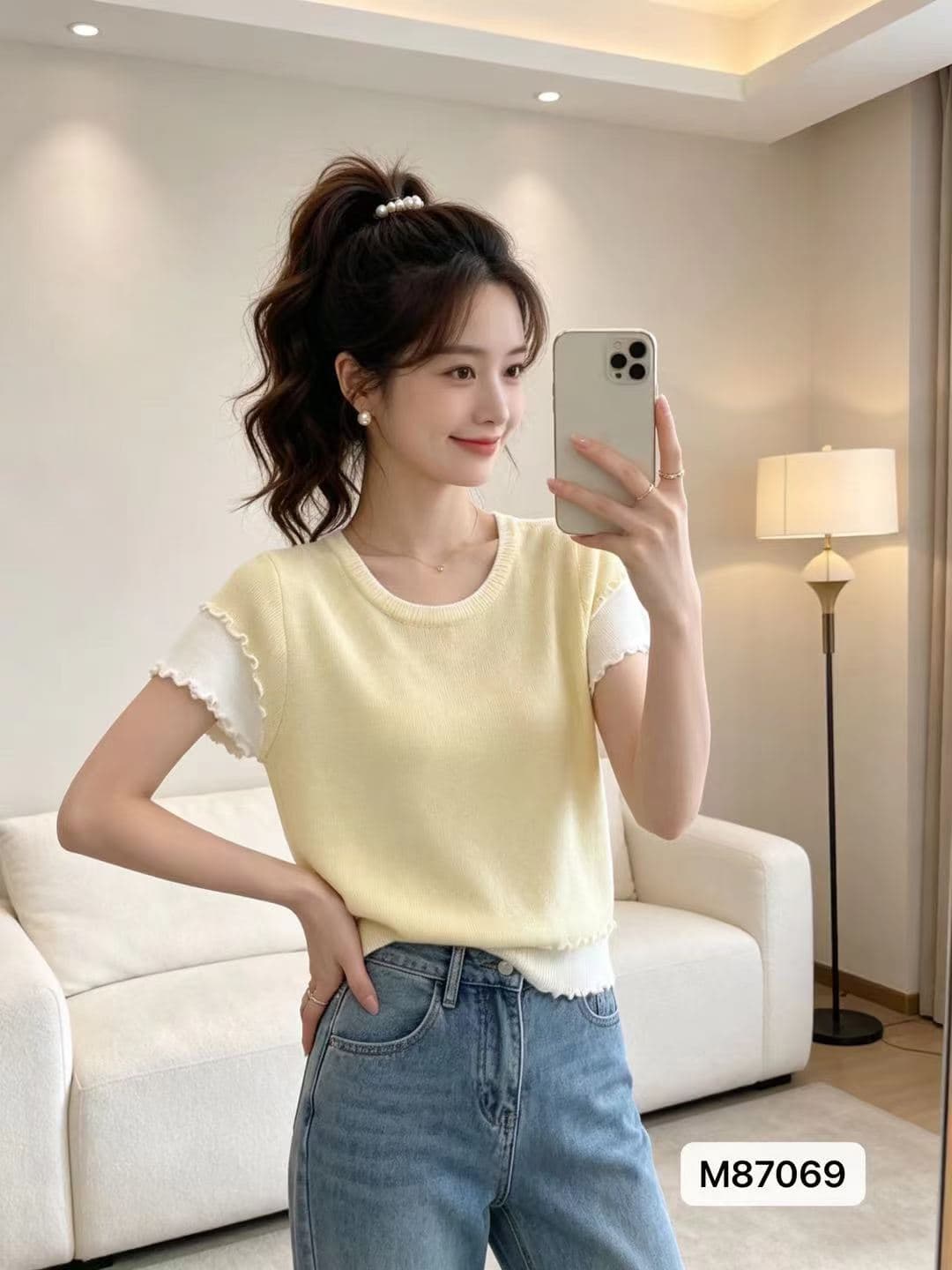 정가 부드러운 바람 라운드 넥 배색 프릴 패치워크 풀오버 반팔 상세 이미지 2