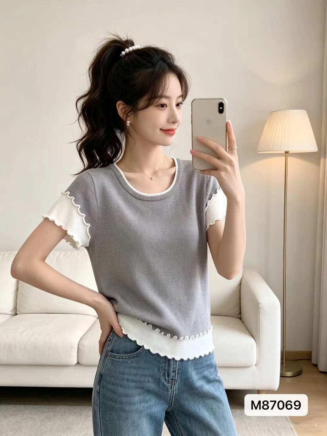 정가 부드러운 바람 라운드 넥 배색 프릴 패치워크 풀오버 반팔 상세 이미지 3