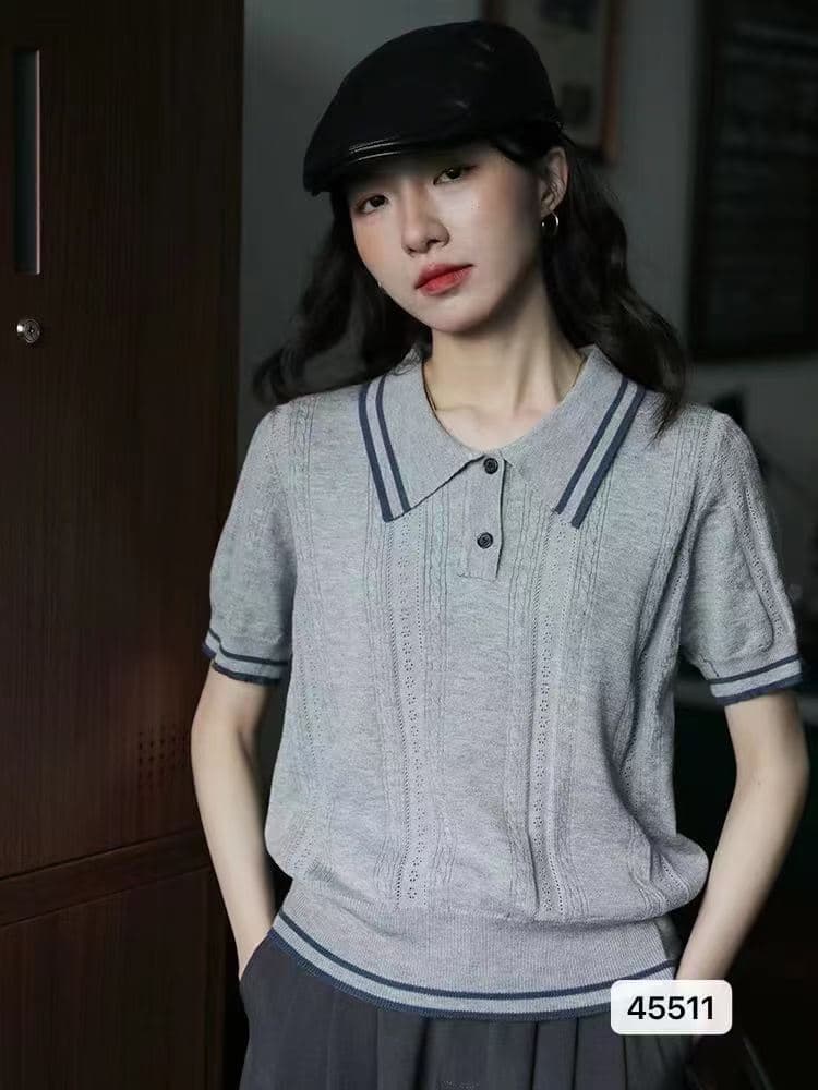 정가 학원 스타일 폴로 칼라 하프 열린 가슴 홀로우 아웃 니트 풀오버 반팔 상세 이미지 1