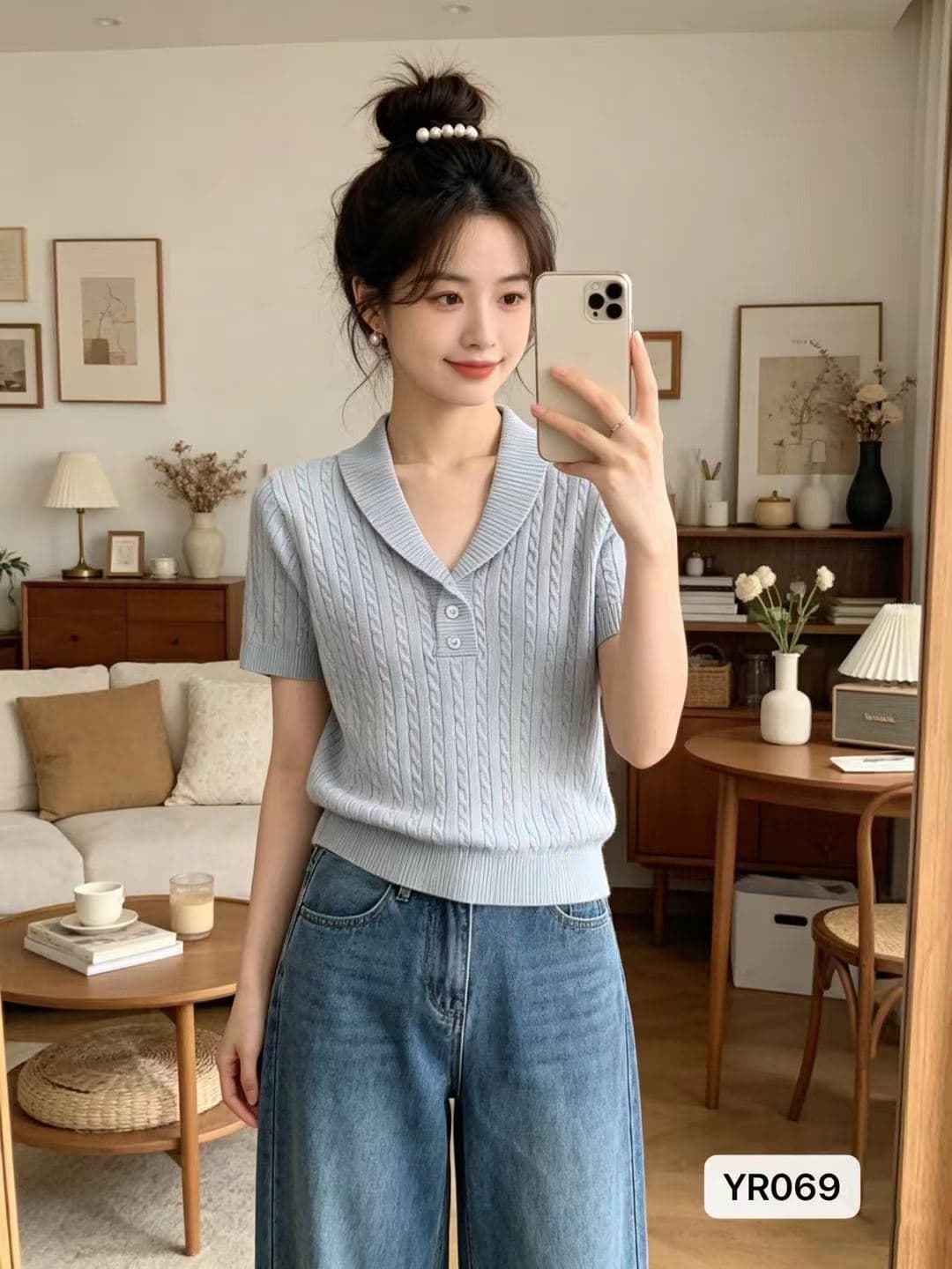 정가 학원 스타일 폴로 칼라 단추 하프 열린 가슴 꽈배기 니트 풀오버 반팔 상세 이미지 2