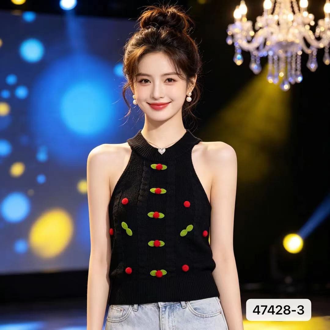 정가 세련된 3 차원 체리 행침 목 니트 슬림해 보이는 풀오버 조끼 이미지 2