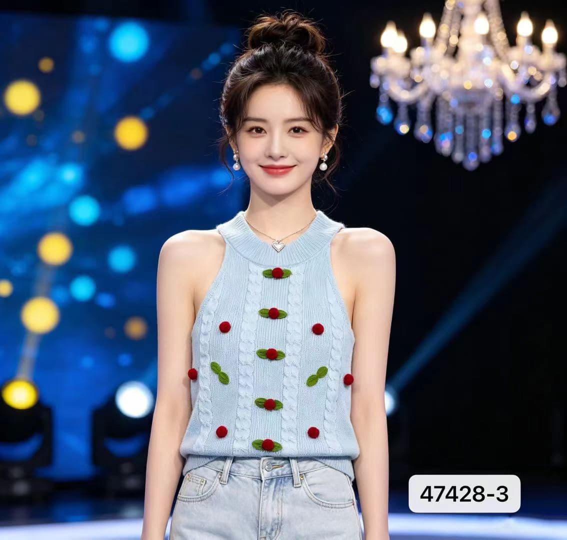 정가 세련된 3 차원 체리 행침 목 니트 슬림해 보이는 풀오버 조끼 상세 이미지 2