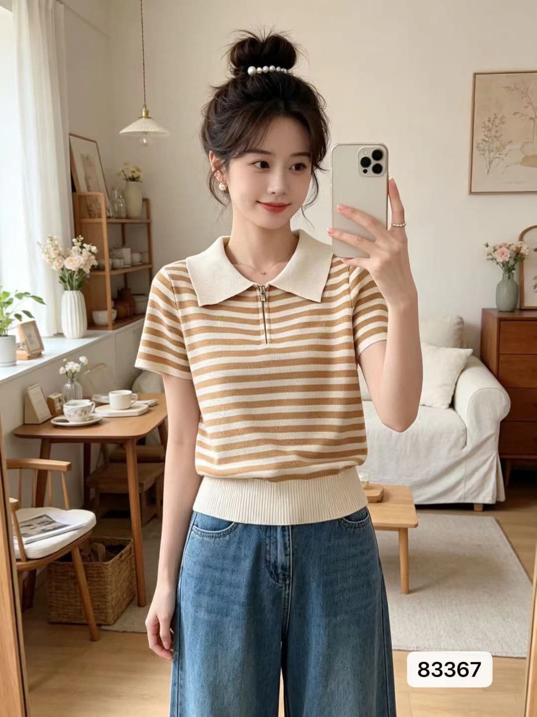 정가 패션 폴로 칼라 하프 지퍼 배색 스트라이프 백리스 홀로우 아웃 풀오버 반팔