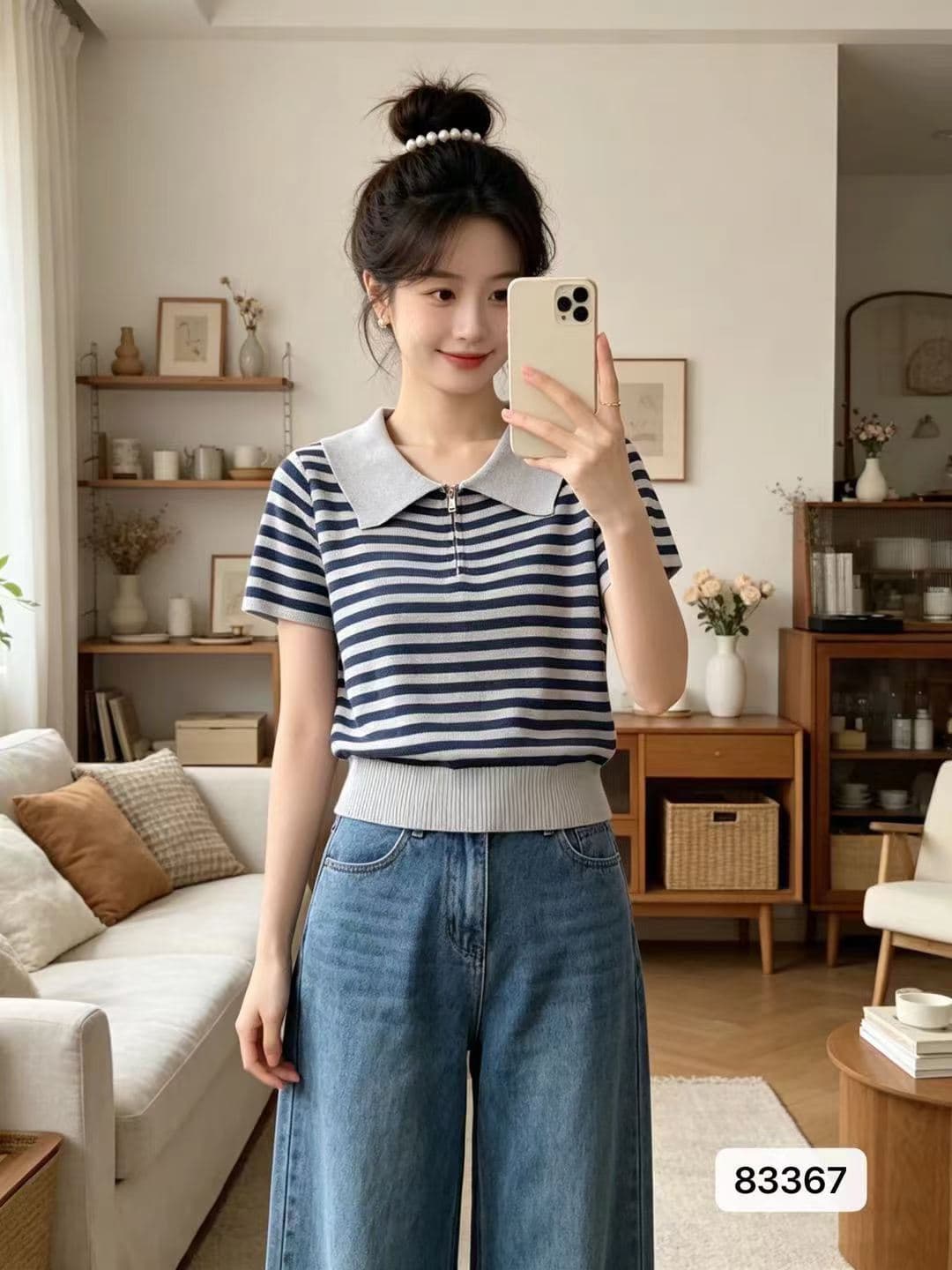 정가 패션 폴로 칼라 하프 지퍼 배색 스트라이프 백리스 홀로우 아웃 풀오버 반팔 상세 이미지 3