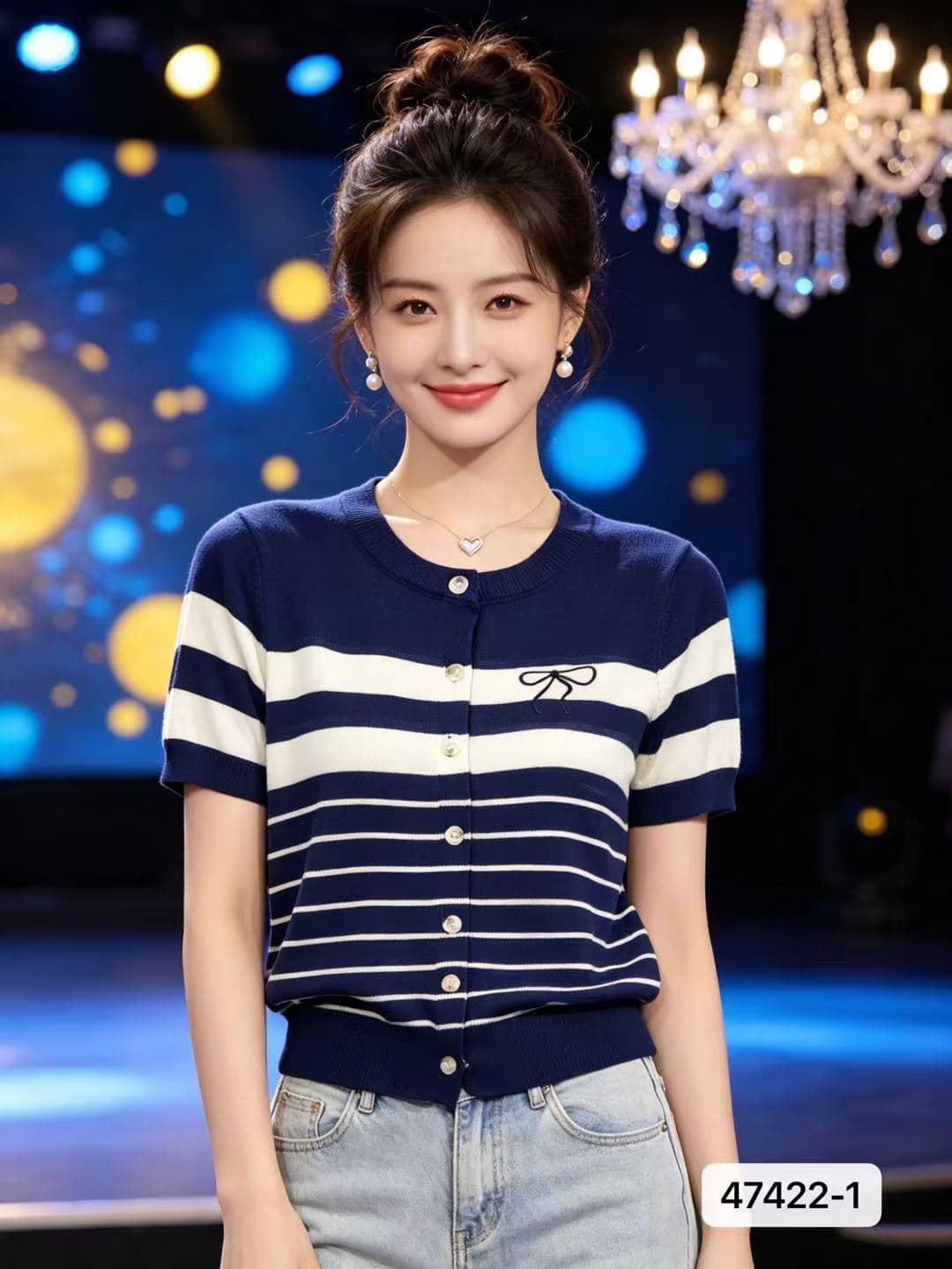 정가 한 부서 라운드 넥 배색 스트라이프 니트 자수 반팔 오픈 가디건 상세 이미지 1