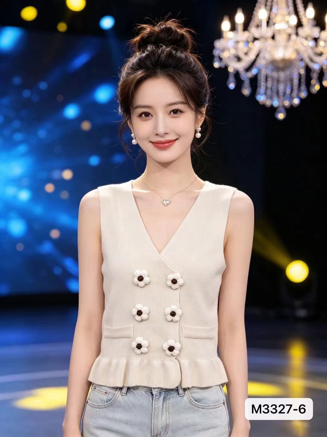 정가 부드러운 달콤함 V넥 3 차원 꽃 장식 프릴 조끼 오픈 가디건