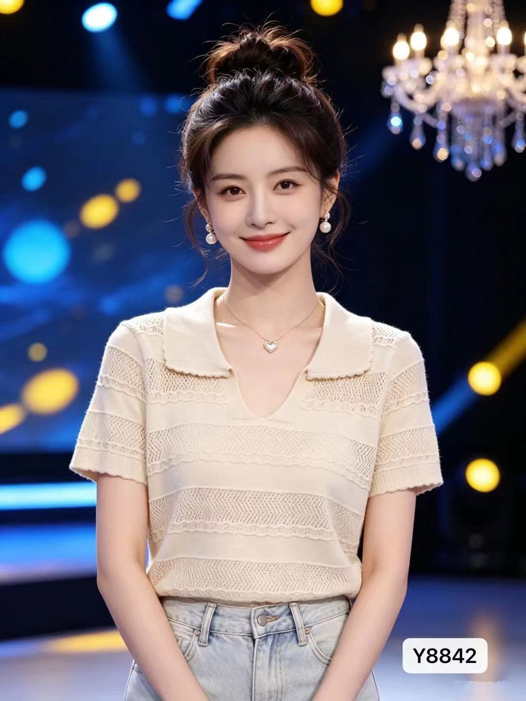 정가 빛 요리 한 바람 뒤집다 V넥 가로 홀로우 아웃 니트 질감 풀오버 반팔 상세 이미지 2