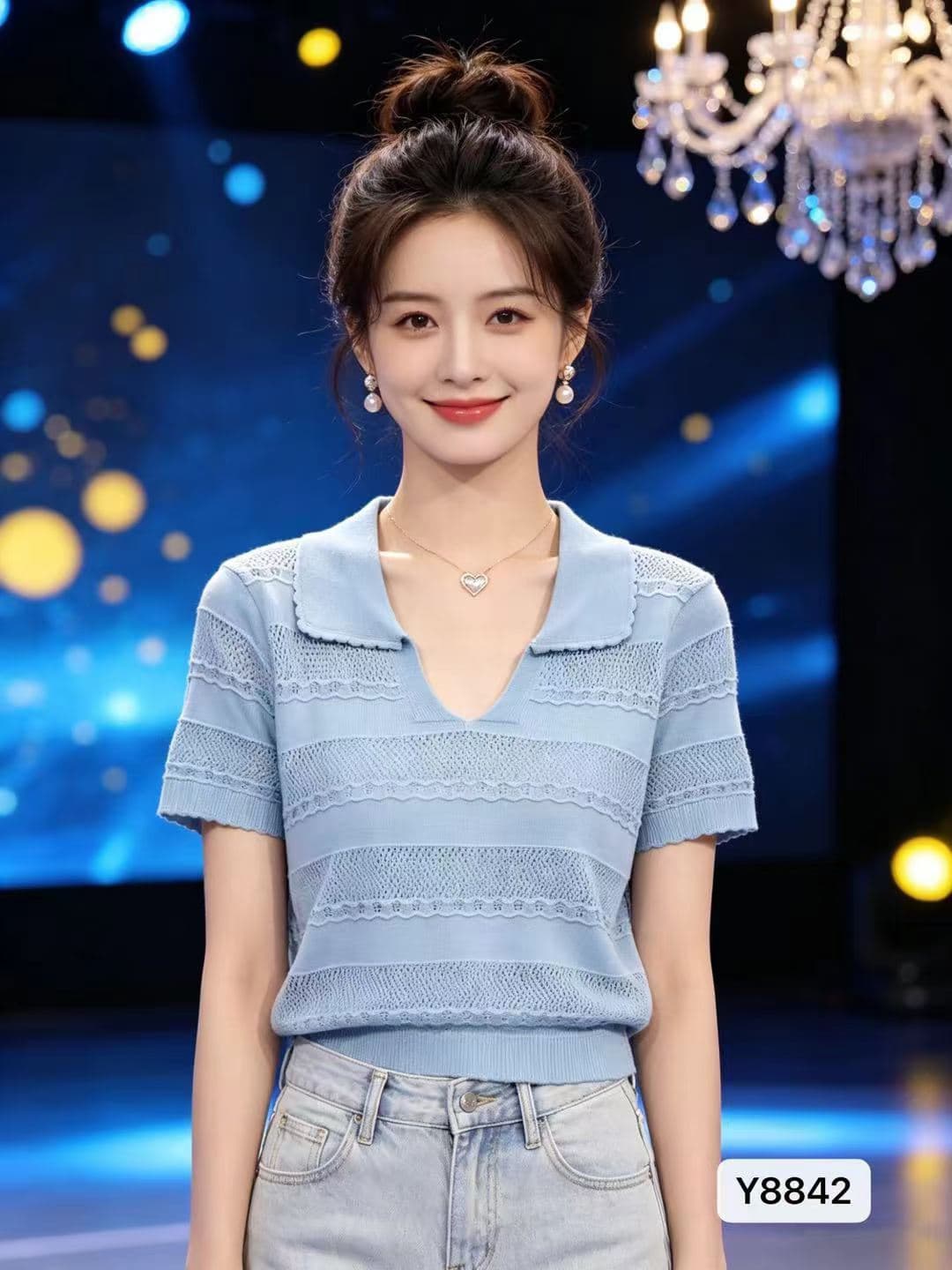 정가 빛 요리 한 바람 뒤집다 V넥 가로 홀로우 아웃 니트 질감 풀오버 반팔 상세 이미지 3