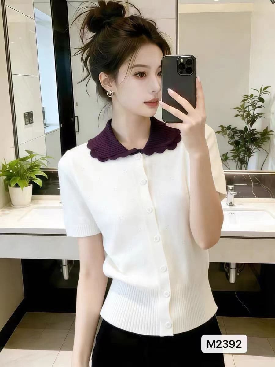 정가 달콤한 스타일 배색 베이비 칼라 반팔 니트 반팔 오픈 가디건 상세 이미지 1