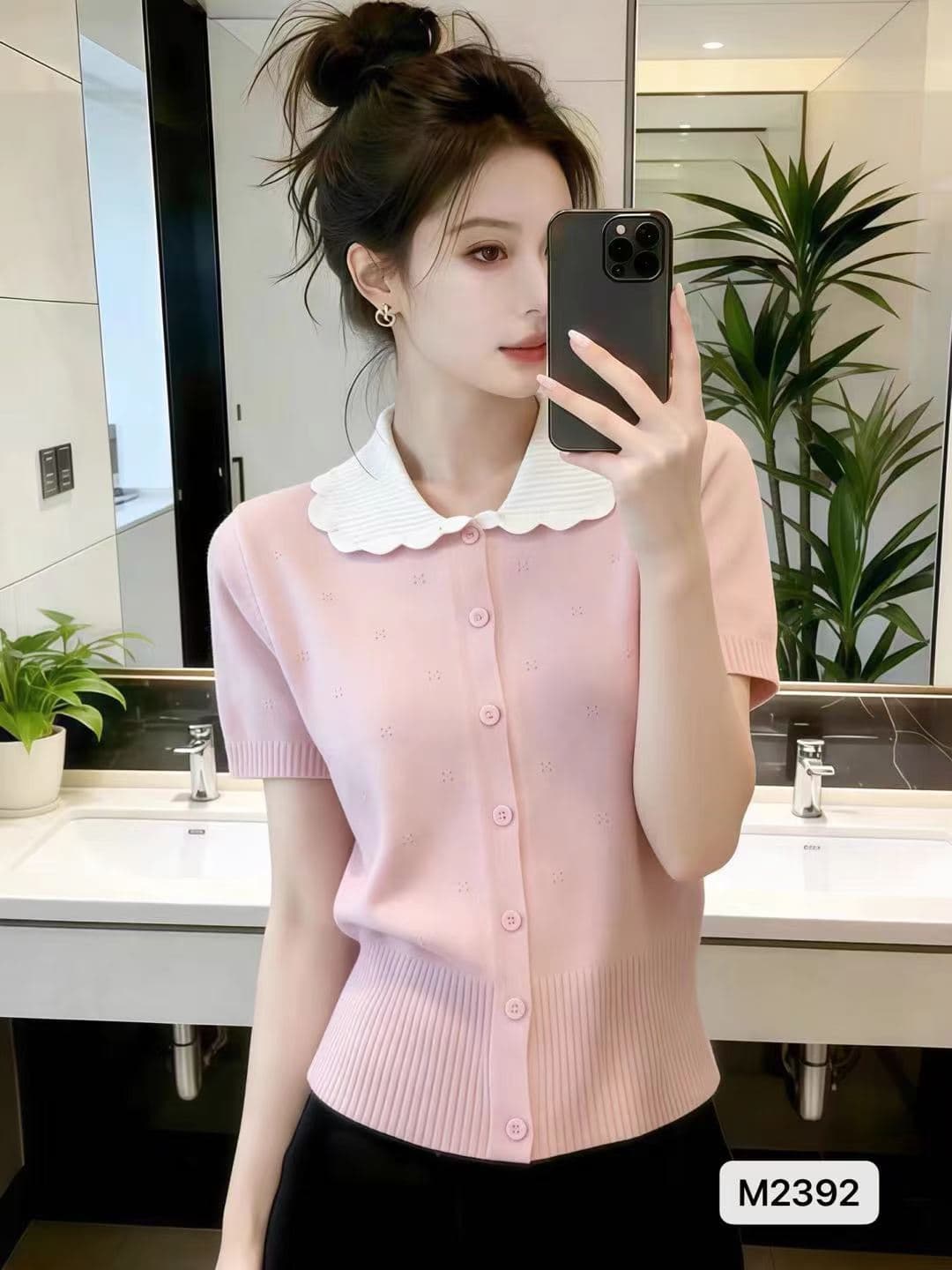 정가 달콤한 스타일 배색 베이비 칼라 반팔 니트 반팔 오픈 가디건 상세 이미지 2