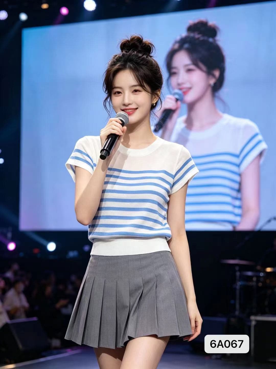 정가 연령 감소 디자인 센스 라운드 넥 패치워크 색상 스트라이프 니트 풀오버 반팔 상세 이미지 2