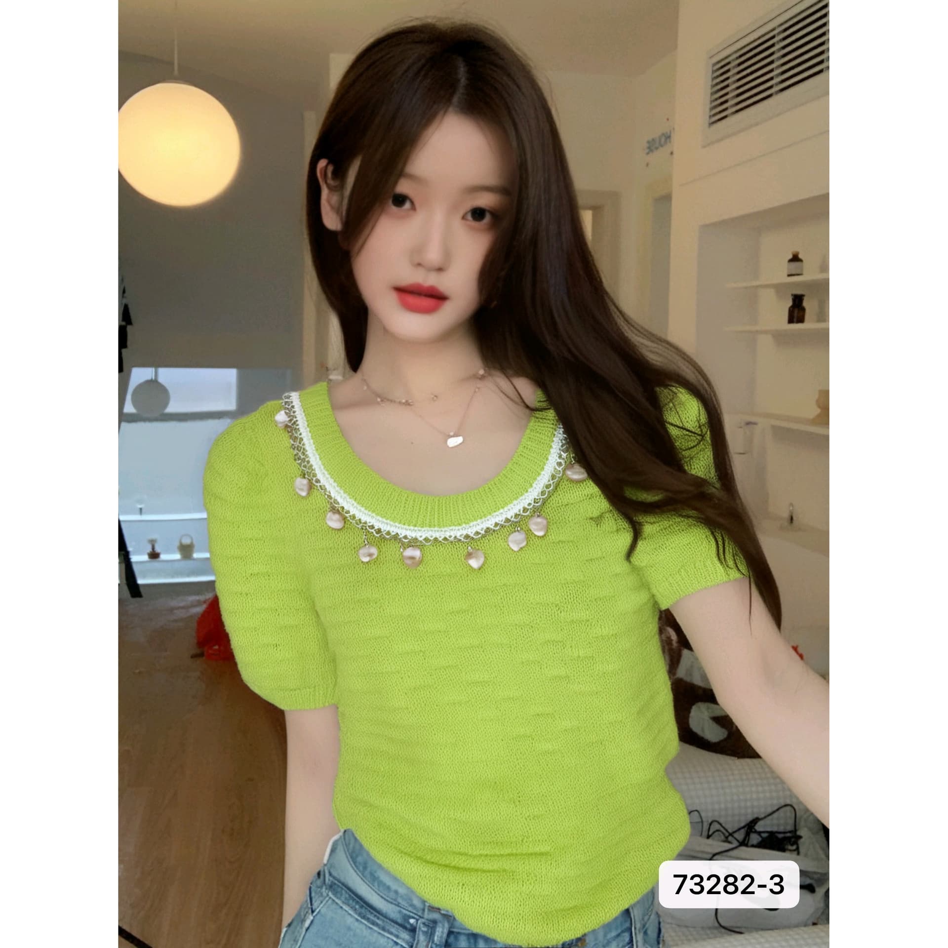 정가 여름 새로운 한국 스타일 달콤함 품격 u 칼라 조개 목걸이 거품 소매 맨위 여성 이미지 5