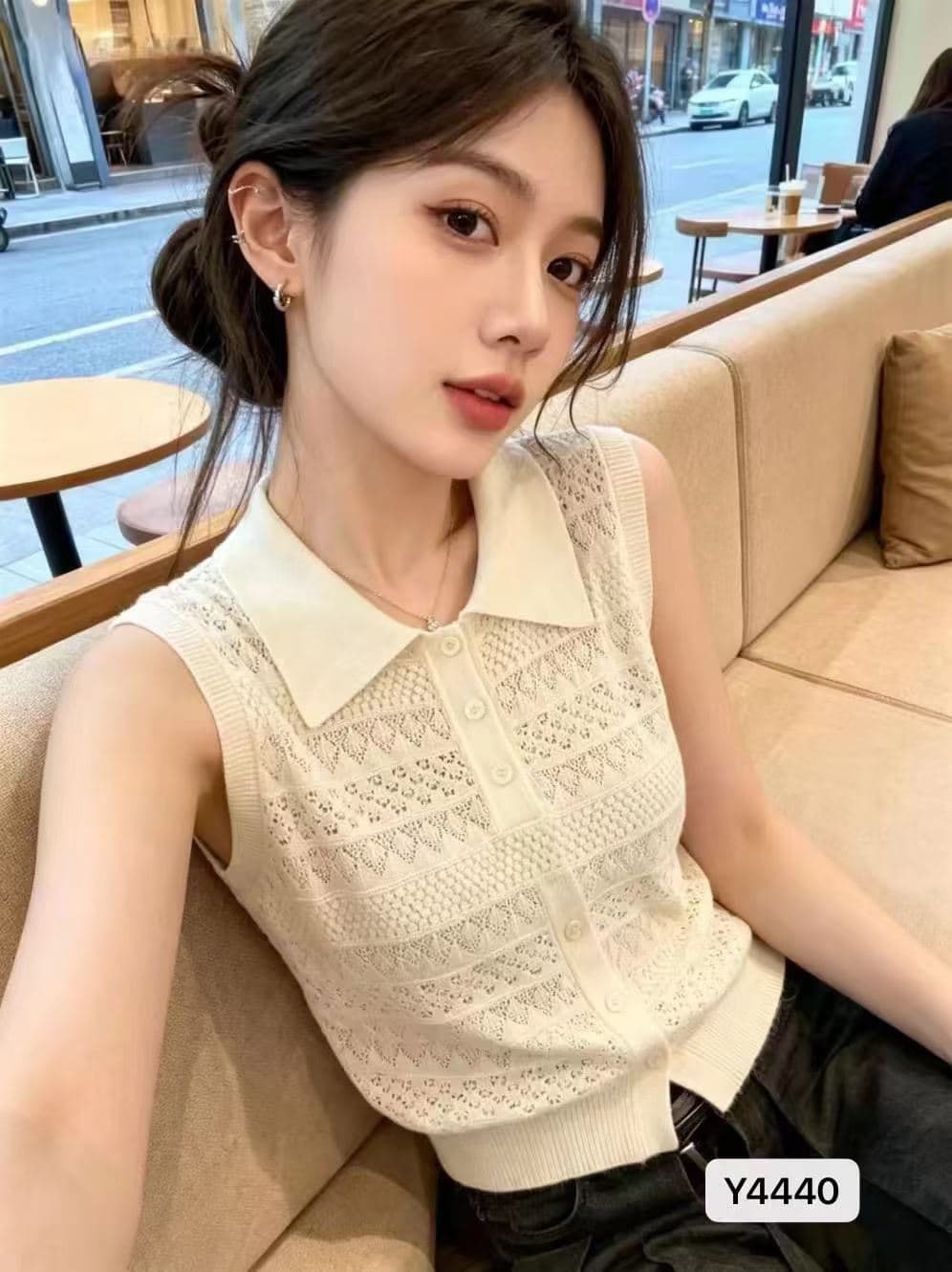 정가 외국 가스 연령 감소 POLO 칼라 하프 열린 가슴 홀로우 아웃 니트 풀오버 조끼
