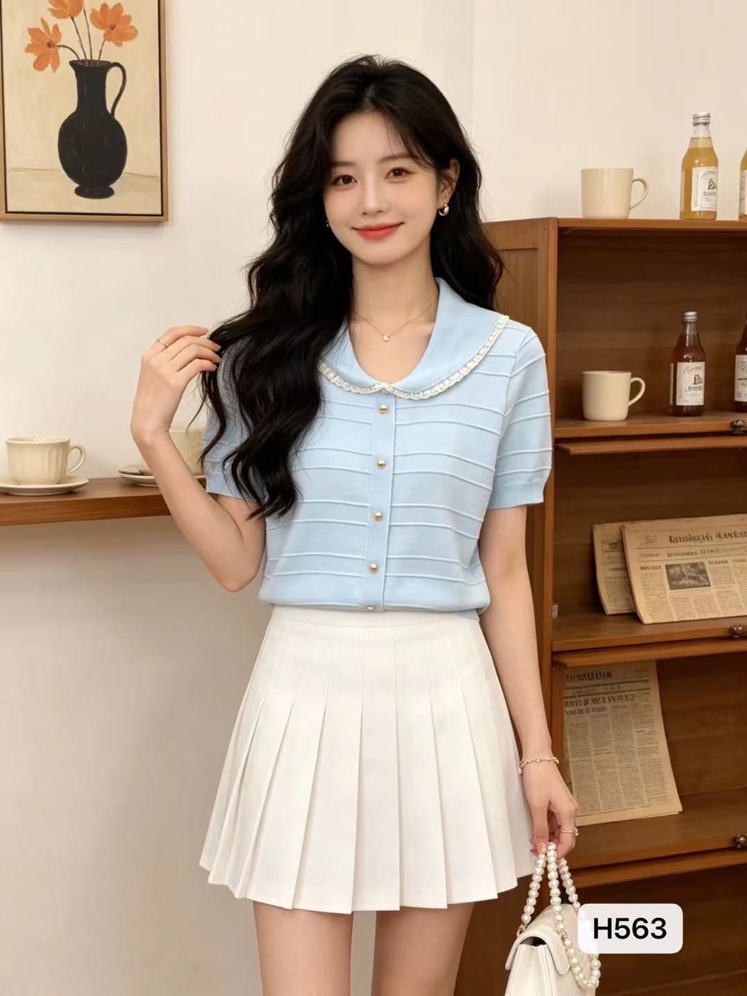 정가 한 부서 Chic 폴로 칼라 레이스 측면 수평 줄무늬 니트 반팔 오픈 가디건 상세 이미지 1