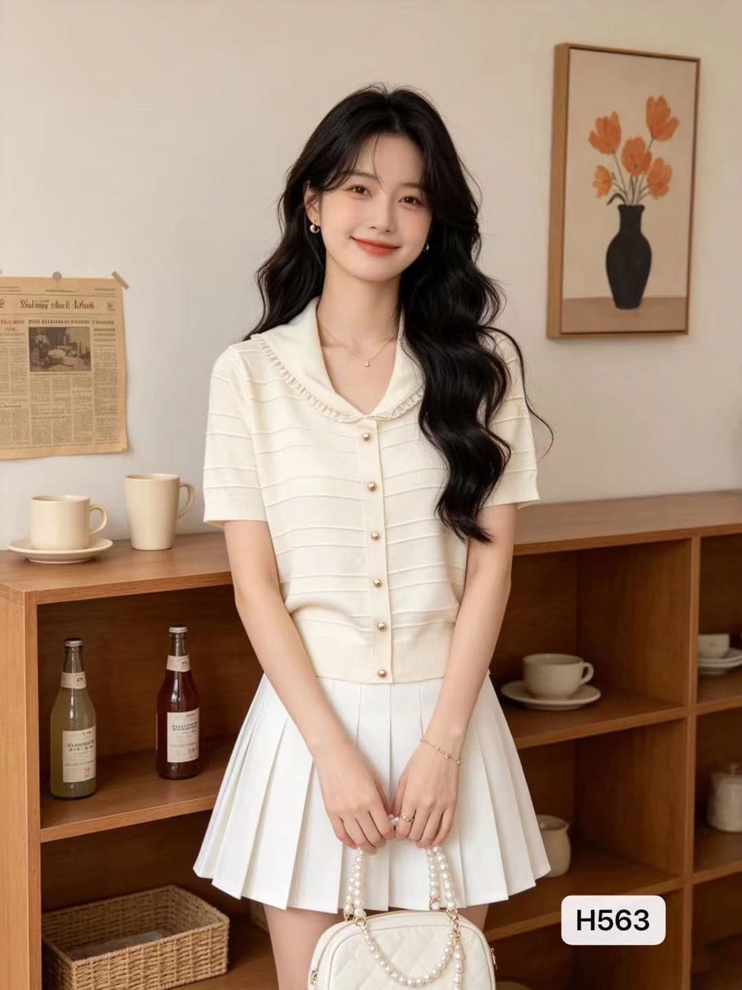 정가 한 부서 Chic 폴로 칼라 레이스 측면 수평 줄무늬 니트 반팔 오픈 가디건 상세 이미지 2