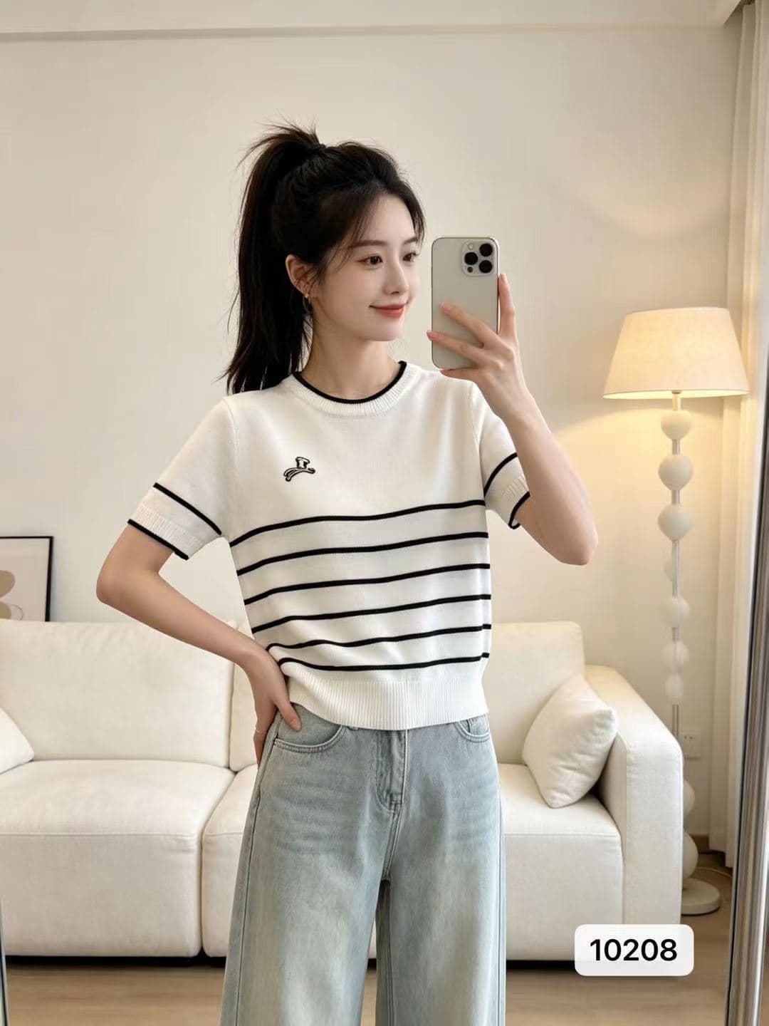 정가 패션 다용도 라운드 넥 자수 패치워크 색상 스트라이프 니트 풀오버 반팔 이미지 2