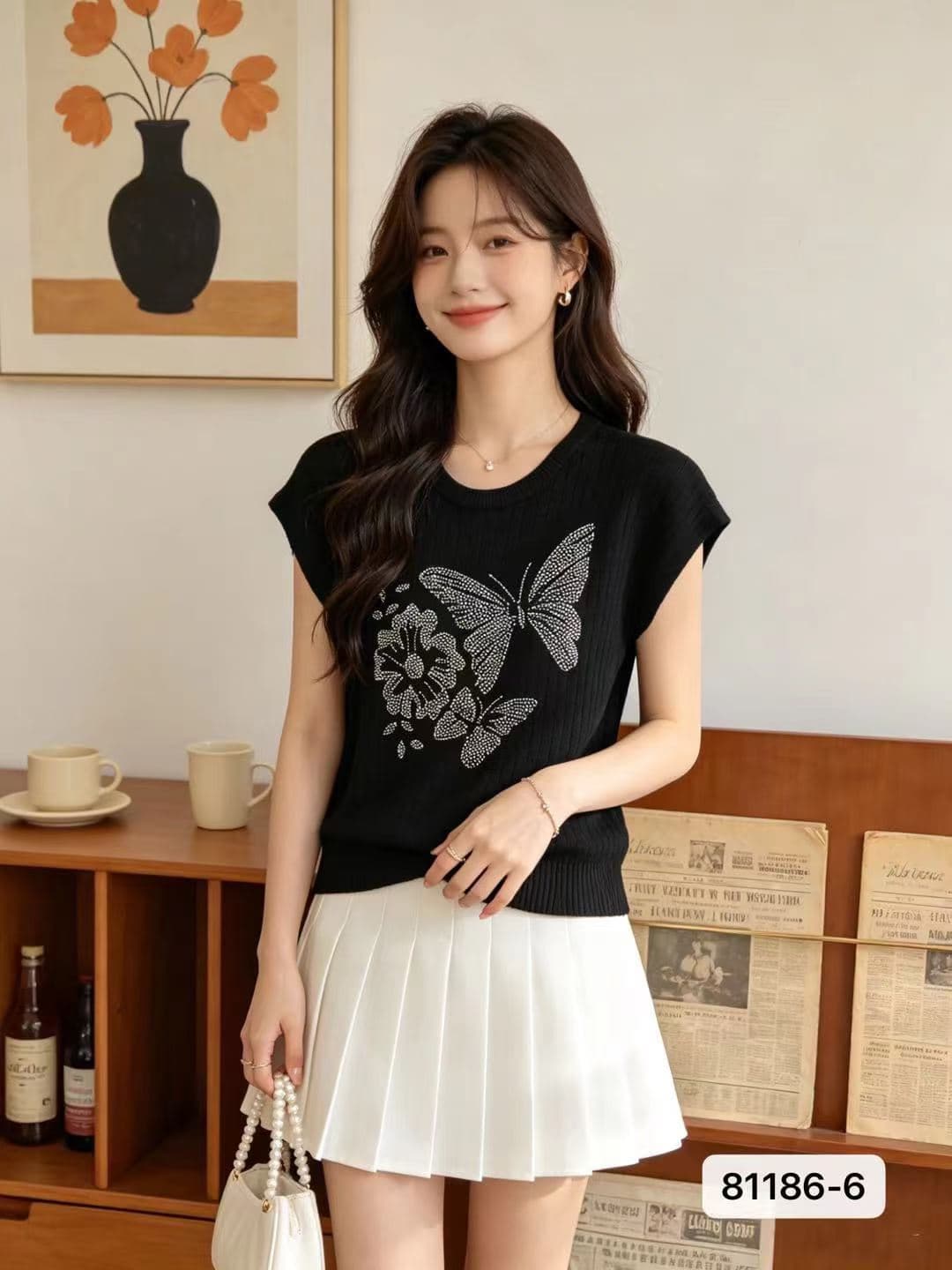 정가 패션 라운드 넥 나비 핫픽스 구덩이 기사 작은 날다 소매 풀오버 맨위 이미지 2