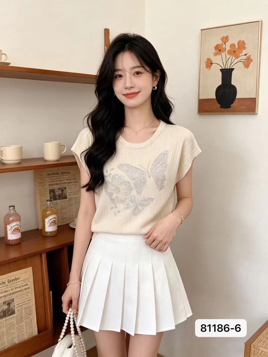 정가 패션 라운드 넥 나비 핫픽스 구덩이 기사 작은 날다 소매 풀오버 맨위 상세 이미지 2