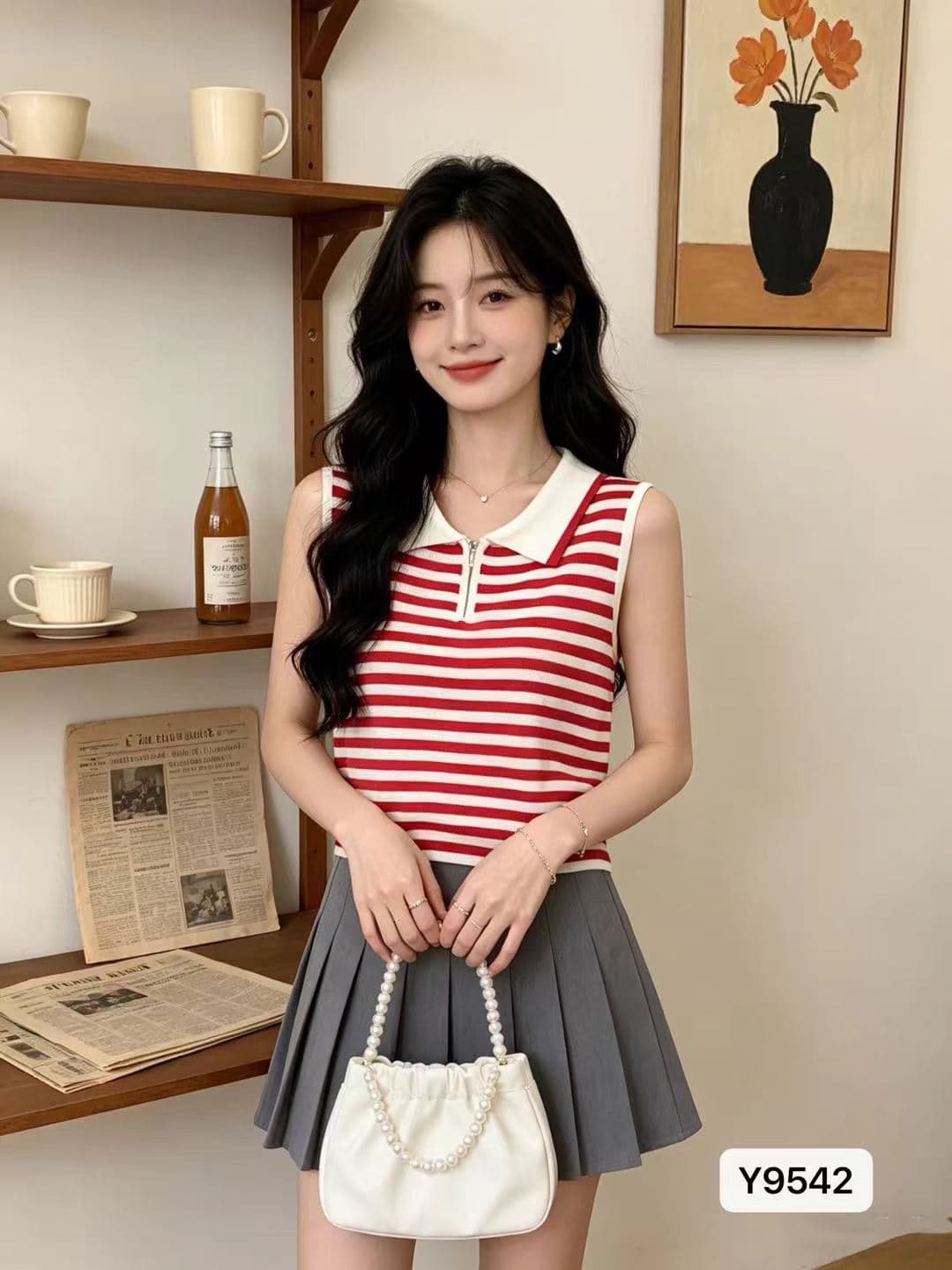 정가 프랑스식 폴로 칼라 하프 지퍼 스트라이프 슬림해 보이는 니트 풀오버 조끼