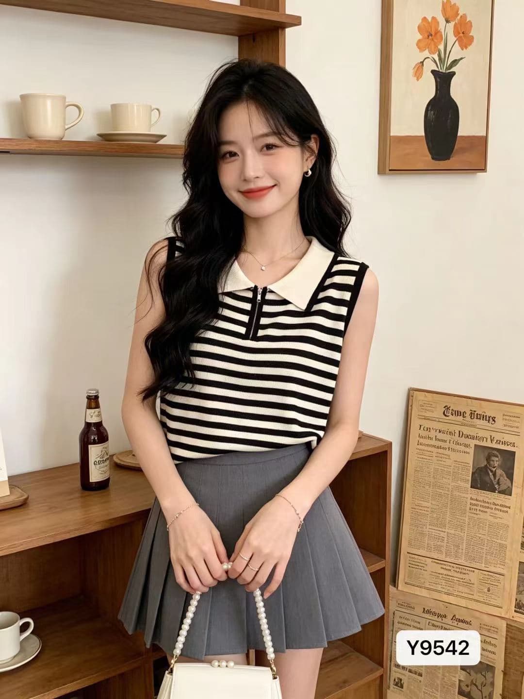 정가 프랑스식 폴로 칼라 하프 지퍼 스트라이프 슬림해 보이는 니트 풀오버 조끼 이미지 3