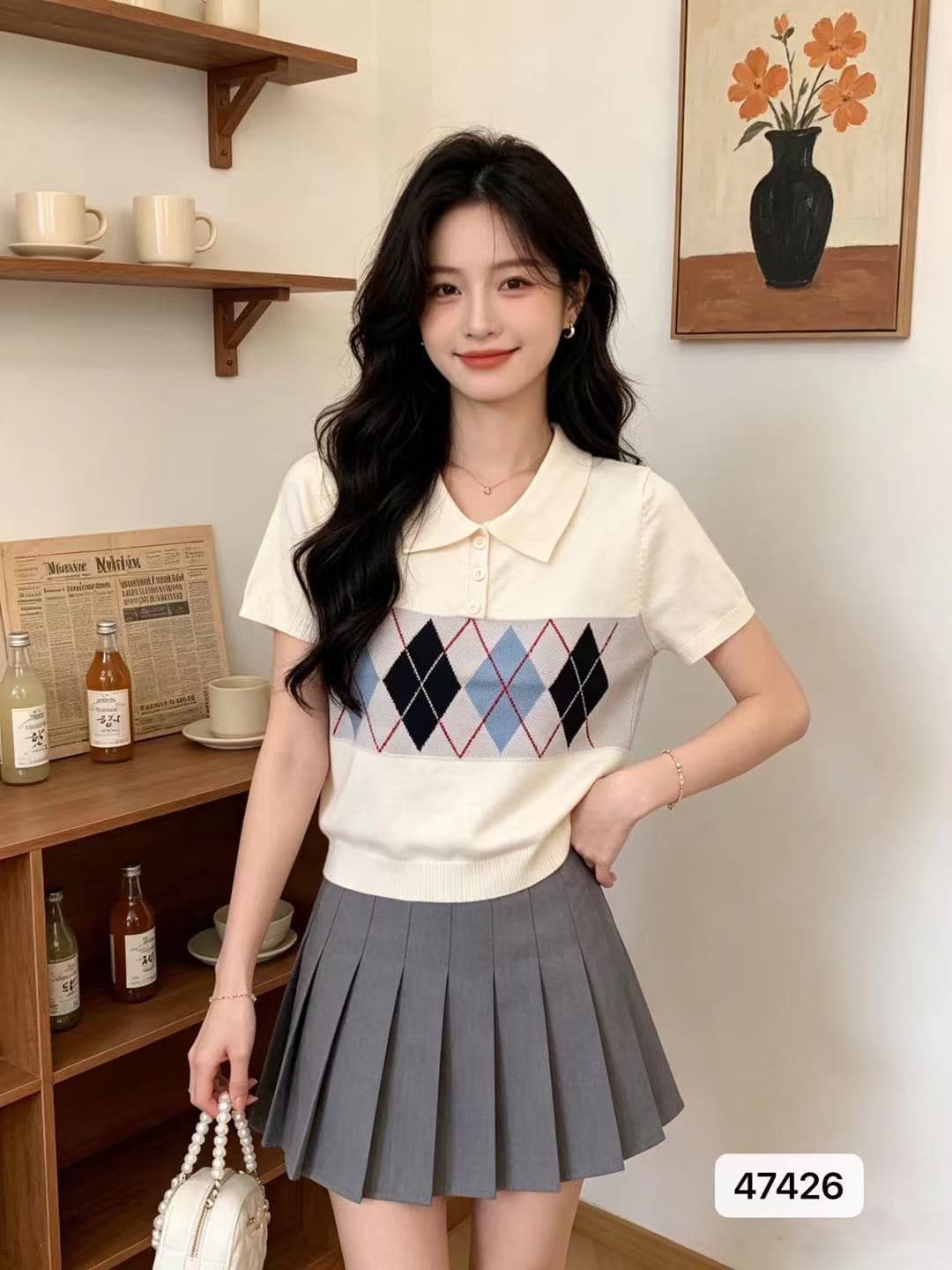 정가 프랑스식 학원 스타일 POLO 칼라 링 그리드 자카드 풀오버 반팔 이미지 3