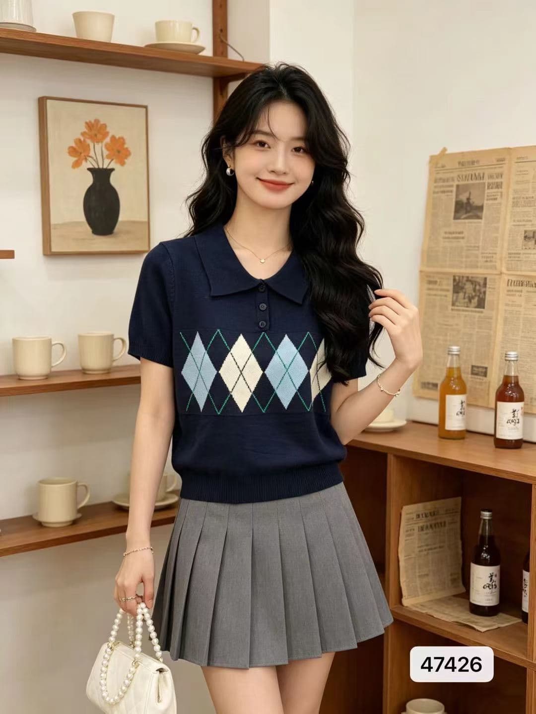 정가 프랑스식 학원 스타일 POLO 칼라 링 그리드 자카드 풀오버 반팔 이미지 2