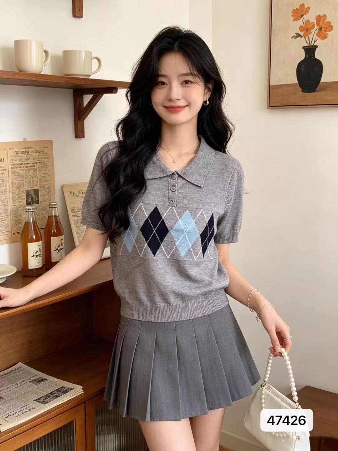 정가 프랑스식 학원 스타일 POLO 칼라 링 그리드 자카드 풀오버 반팔 상세 이미지 3
