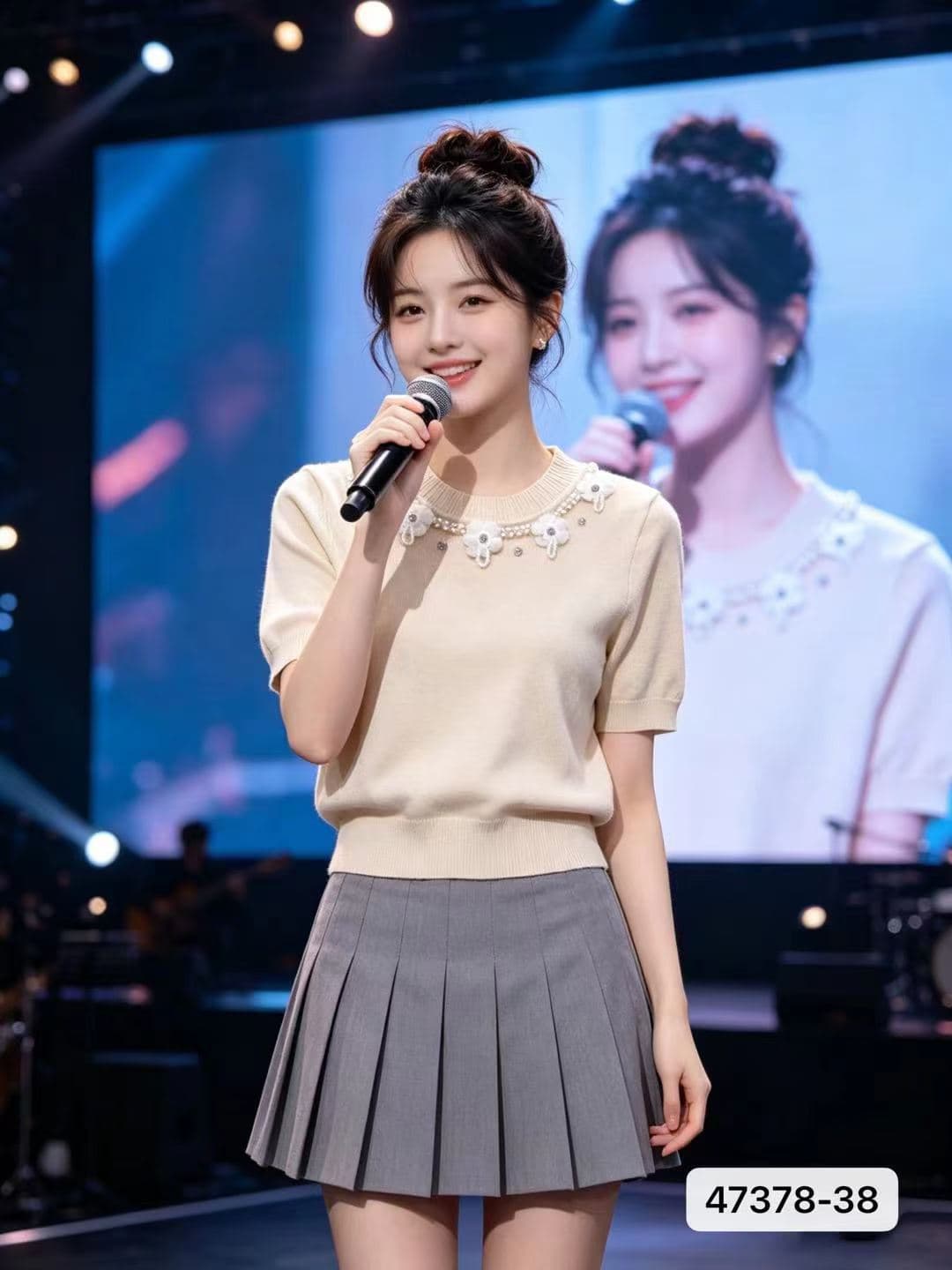 정가 소녀 센스 라운드 넥 3 차원 니트 풀오버 다용도 반팔 상세 이미지 1