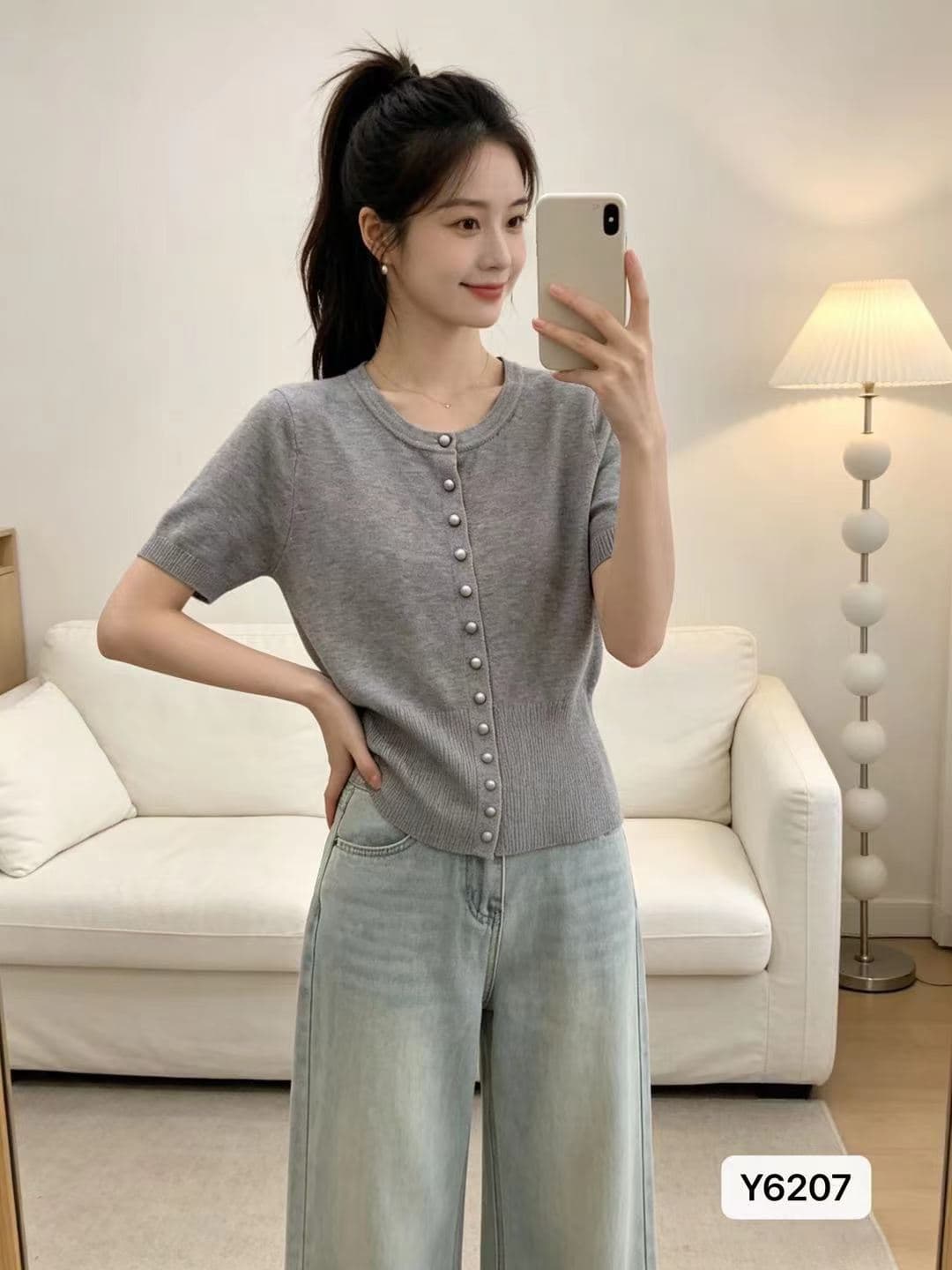 정가 외국 가스 연령 감소 라운드 넥 단색 부드러운 찹쌀 니트 반팔 오픈 가디건 상세 이미지 1